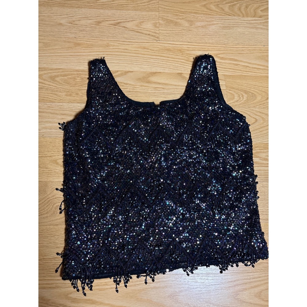 Vintage Iridescent Sequin Beaded Fringe Tank Top Black Multi Sleeveless